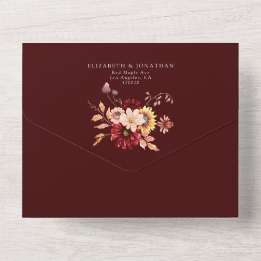 ムーディ秋バーガンディフローラひまわり花またはコード オールインワン招待状 (裏面)