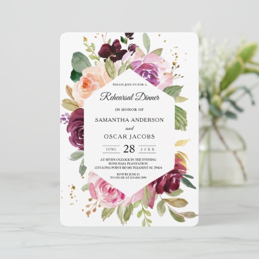 ムーディ素朴ー&バーガンディ水カラーフローラフレーム 招待状 (スタンド正面)