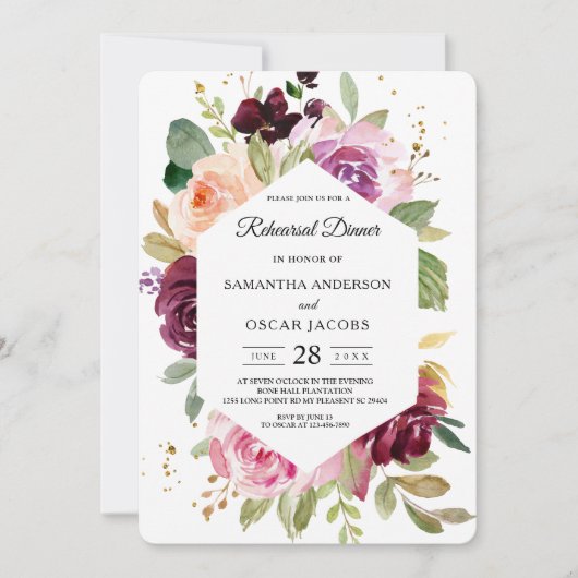 ムーディ素朴ー&バーガンディ水カラーフローラフレーム 招待状 (正面)