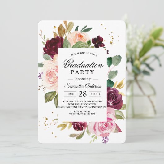 ムーディ素朴ー&バーガンディ水カラーフローラフレーム 招待状 (スタンド正面)