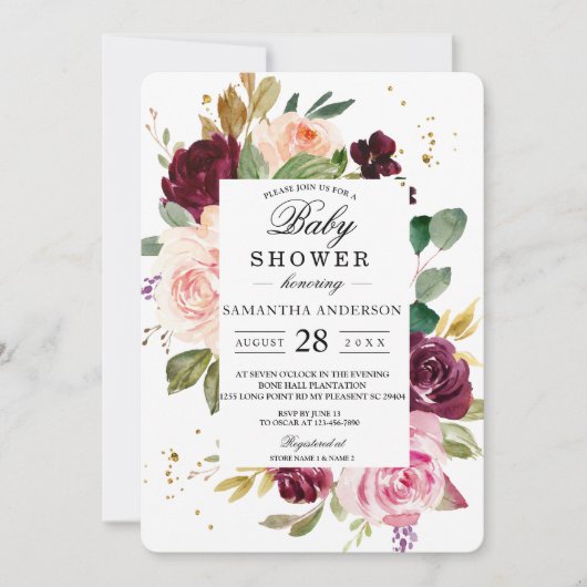 ムーディ素朴ー&バーガンディ水カラーフローラフレーム 招待状 (正面)