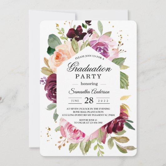 ムーディ素朴ー&バーガンディ水カラーフローラフレーム 招待状 (正面)