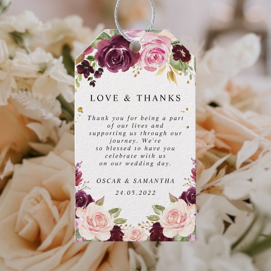 ムーディ素朴ー&ブルゴーニュ水彩花&リーフ ギフトタグ