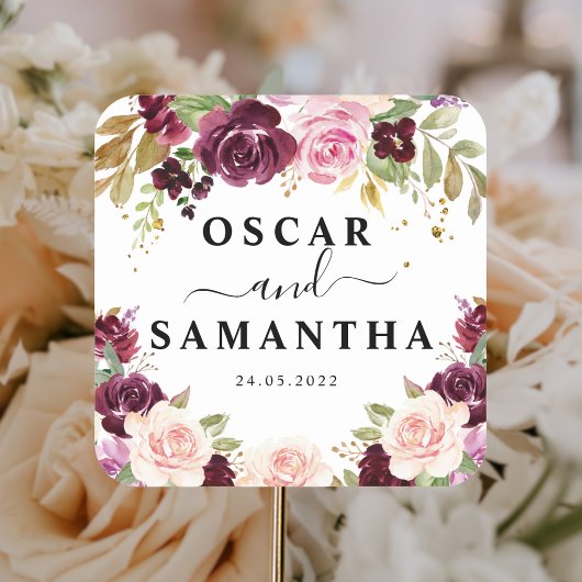 ムーディ素朴ー&ブルゴーニュ水彩花&リーフ スクエアシール