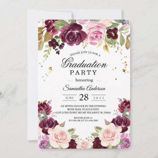 ムーディ素朴ー&ブルゴーニュ水彩花&リーフ 招待状 (正面)