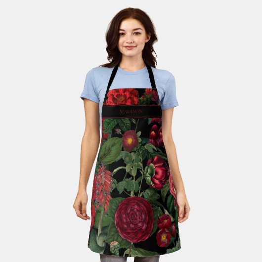 ムーディ花模様ズブラック&ブルゴーニュヴィンテージモノグラム エプロン (着用した状態)