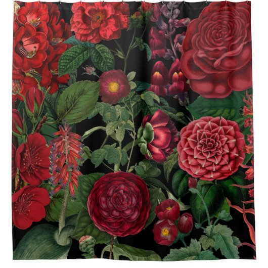 ムーディ花模様ズブラック&ブルゴーニュヴィンテージ シャワーカーテン (正面)