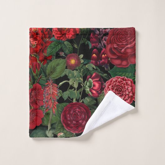 ムーディ花模様ズブラック&ブルゴーニュヴィンテージ バスタオルセット (ウォッシュタオル)