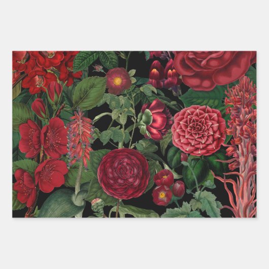 ムーディ花模様ズブラック&ブルゴーニュヴィンテージ ラッピングペーパーシート (正面3)