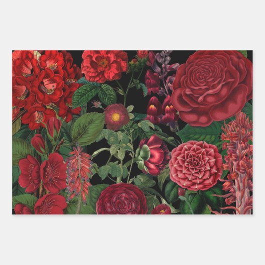 ムーディ花模様ズブラック&ブルゴーニュヴィンテージ ラッピングペーパーシート (正面)