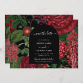 ムーディ花模様ブラックアーチブルゴーニュ結婚レッド セーブザデート (正面/裏面)