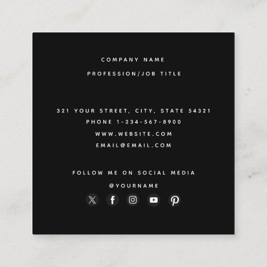 ムーディ花模様ブラックソーシャルメディアのアイコン スクエア名刺 (裏面)