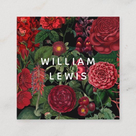 ムーディ花模様ブラックソーシャルメディアのアイコン スクエア名刺 (正面)