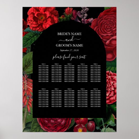 ムーディ花模様ブラック結婚・ブルゴーニュのシーティングチャート ポスター (正面)