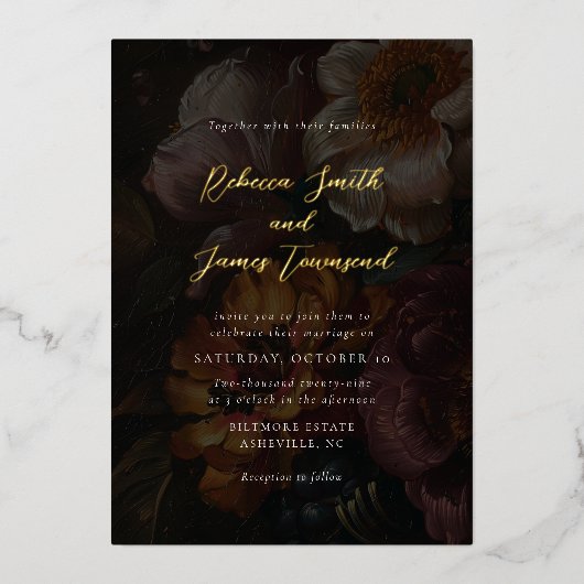 ムーディ花模様暗植物書道結婚の 箔招待状 (正面)