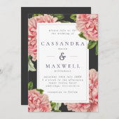ムーディ ヴィンテージ チャコール & ピンク 牡丹 ウェディング 招待状 (正面/裏面)