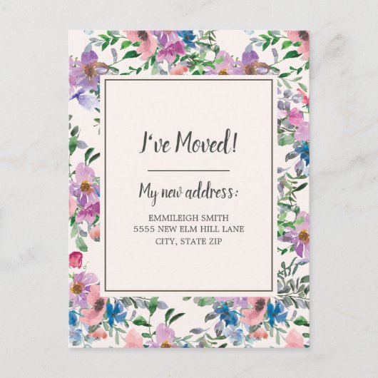 ムービングアナウンスパープルピンクの水色フローラ ポストカード (正面)