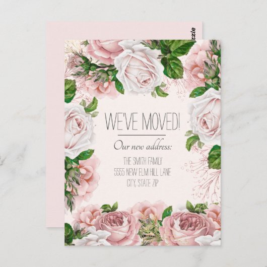 ムービングアナウンスメントヴィンテージ赤面ピンクローズ ポストカード (正面/裏面)