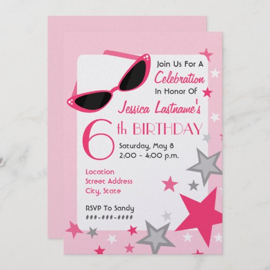 ムービースターピンクサングラス&スターズガールズ誕生日 招待状 (正面/裏面)