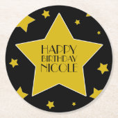 ムービースター誕生日ブラック&金ゴールドスター ラウンドペーパーコースター (正面)