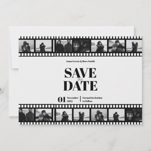ムービーストリップフおもしろいィルムフォトコラージュ日付の保存 招待状 (正面)