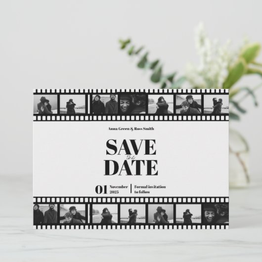 ムービーストリップフおもしろいィルムフォトコラージュ日付の保存 招待状 (スタンド正面)