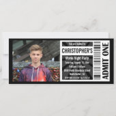 ムービーチケット招待状、白黒誕生日 招待状 (正面)