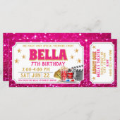 ムービーチケット誕生日招待状ピンクグリッター (正面/裏面)
