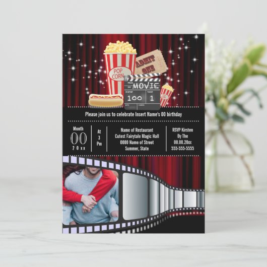 ムービーテーマフォトストリップシネマポップコーンパーティー 招待状 (スタンド正面)