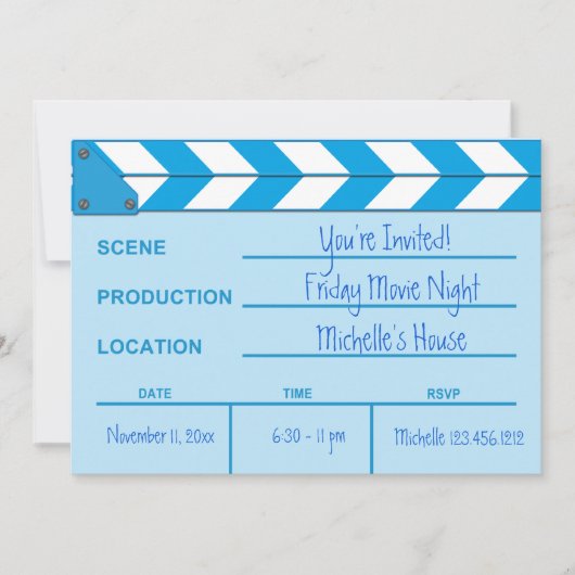 ムービーナイトクラップボード招待状（青） 招待状 (正面)