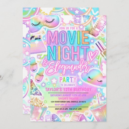 ムービーナイトスリープアンダーパステルレインボー誕生日 招待状 (正面/裏面)