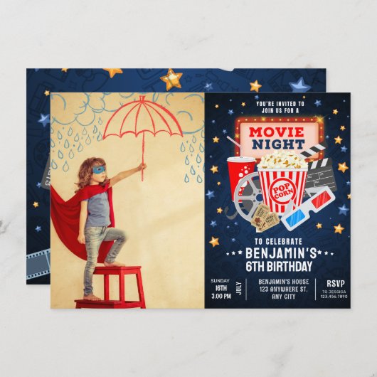 ムービーナイトフォト誕生日招待状 招待状 (正面/裏面)