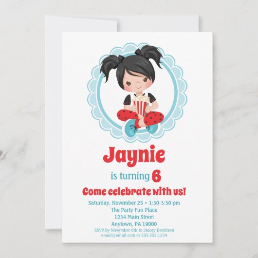 ムービーナイトブラックヘアガールズ誕生日招待状 招待状 (正面)