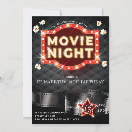 ムービーナイトラグジュアリー金ゴールドグリッター 招待状 (正面)