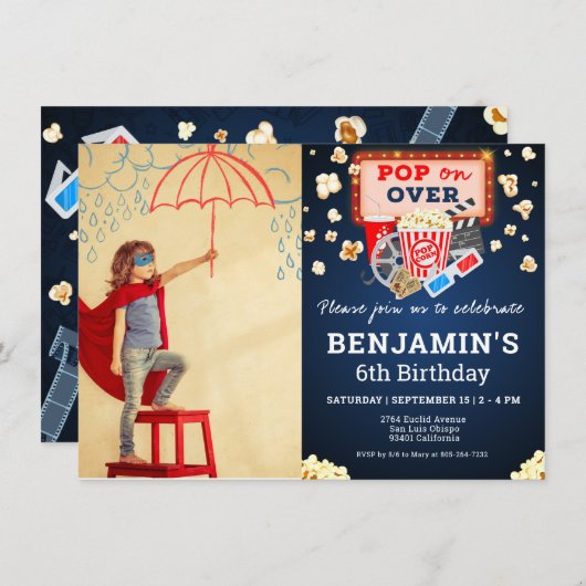 ムービーナイト誕生日フォト招待状 招待状 (正面/裏面)