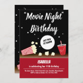 ムービーナイト誕生日ポップコーンドリンクブラックレッド 招待状 (正面/裏面)