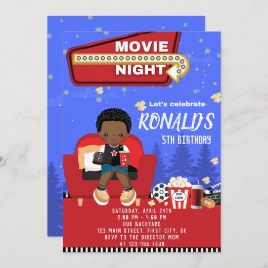 ムービーナイト誕生日招待状カード (正面/裏面)