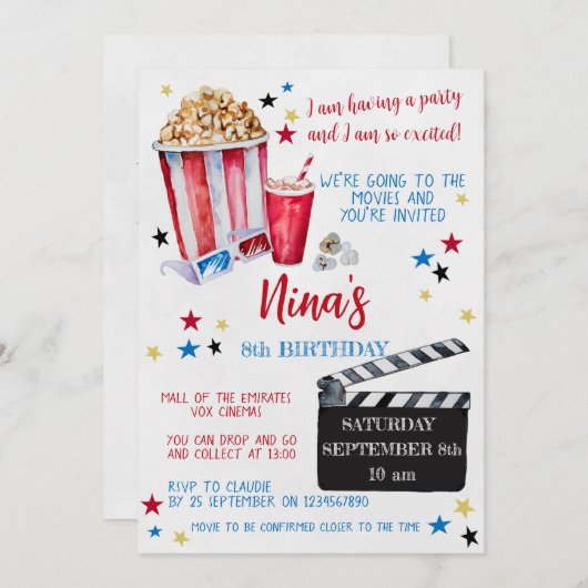 ムービーナイト誕生日招待状、シネマ 招待状 (正面/裏面)