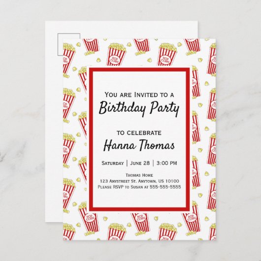 ムービーポップコーン誕生日 インビテーションポストカード (正面/裏面)