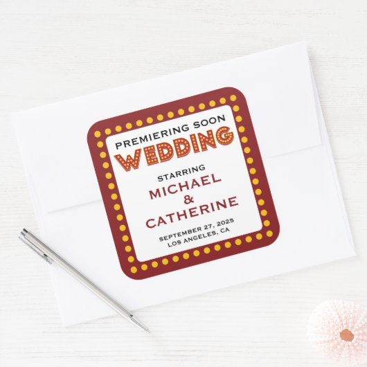 ムービー結婚テーマのマーキー記号の日付の保存 スクエアシール (封筒)