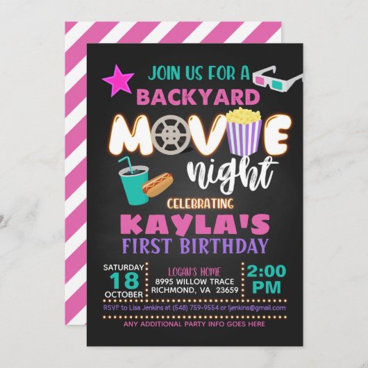 ムービー誕生日招待状 – 少女 招待状 (正面/裏面)