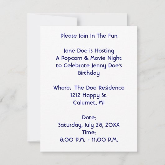 ムービー&ポップコーンパーティの招待状ホームシアターナイト 招待状 (裏面)