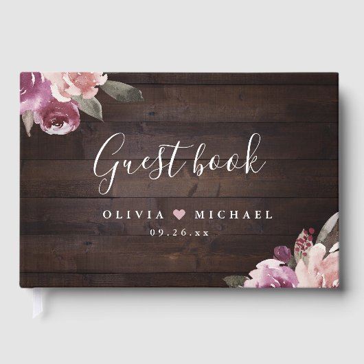 ムーブパープル&桑のフローラ素朴な木結婚の ゲストブック (正面)