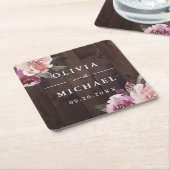 ムーブパープル&桑のフローラ素朴な木結婚の スクエアペーパーコースター (アングル)