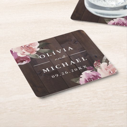 ムーブパープル&桑のフローラ素朴な木結婚の スクエアペーパーコースター (アングル)