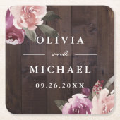ムーブパープル&桑のフローラ素朴な木結婚の スクエアペーパーコースター (正面)