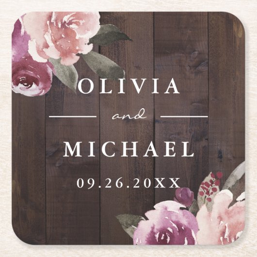 ムーブパープル&桑のフローラ素朴な木結婚の スクエアペーパーコースター (正面)