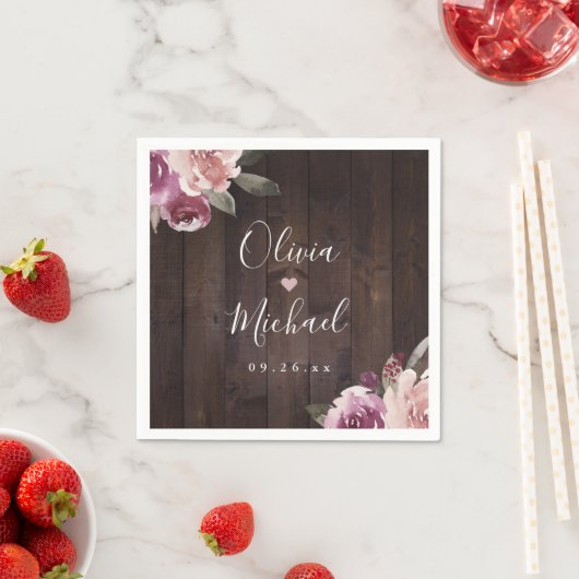 ムーブパープル&桑のフローラ素朴な木結婚の スタンダードカクテルナプキン (インサイチュ)