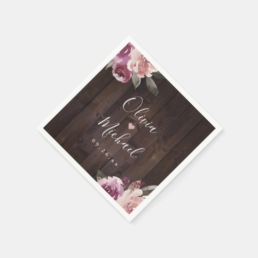 ムーブパープル&桑のフローラ素朴な木結婚の スタンダードカクテルナプキン (角)