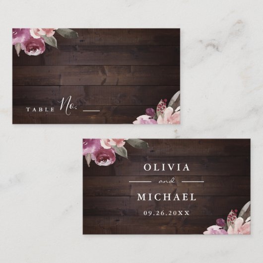 ムーブパープル&桑のフローラ素朴な木結婚の プレイスカード (正面/裏面)